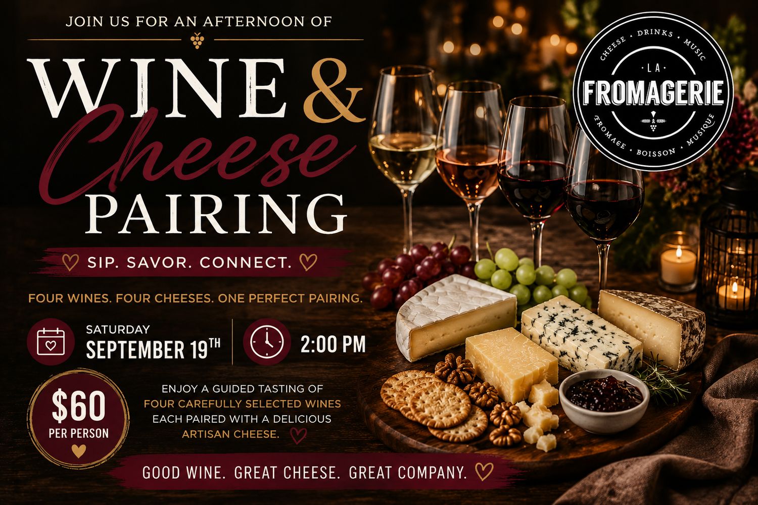 Wine + Cheese Pairing September 19th 2026 Wine + Cheese Pairing September 19th 2026