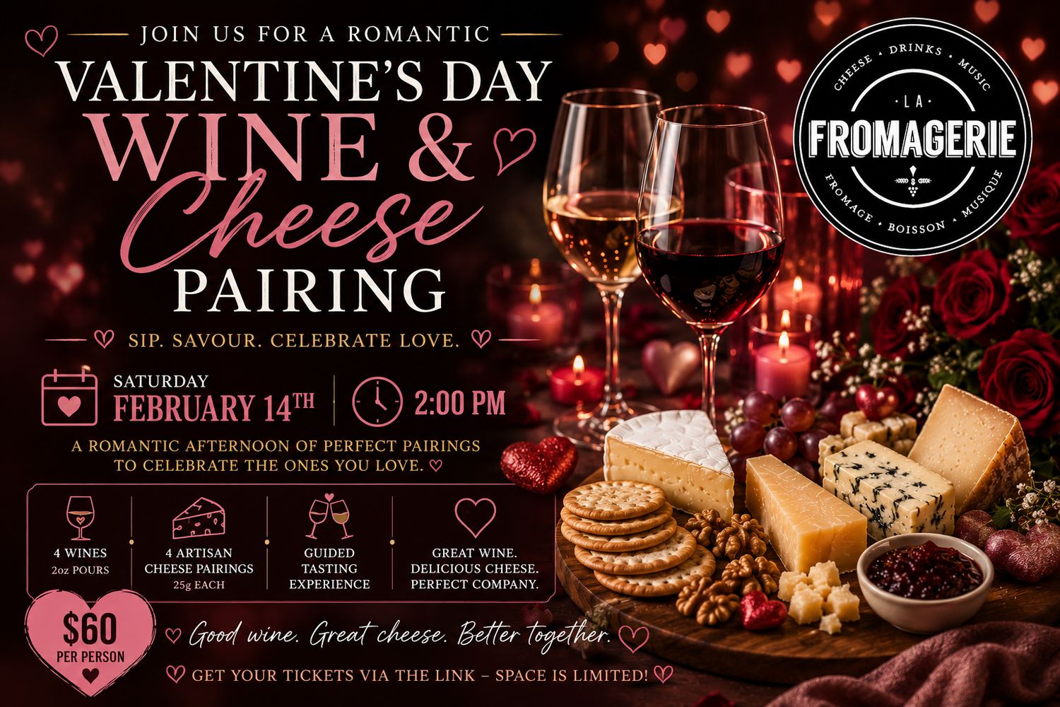 Wine + Cheese Pairing February 14th