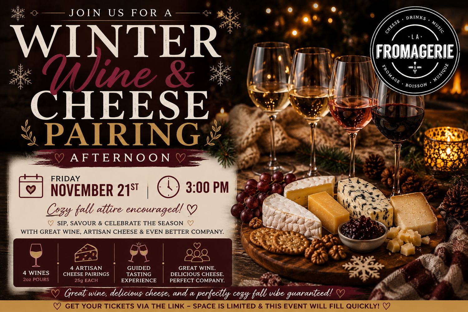 Wine + Cheese Pairing November 21st
