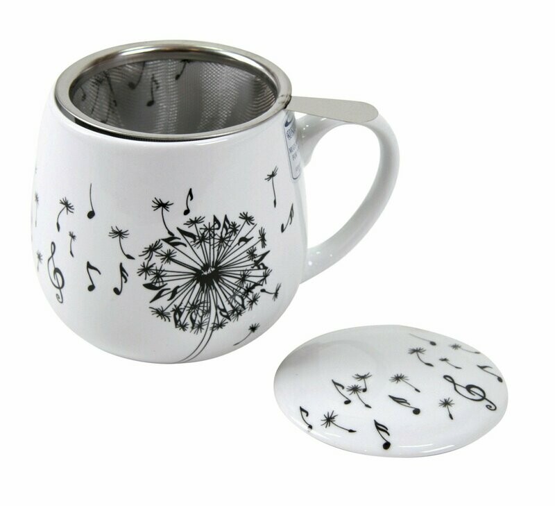 Tasse Pusteblume mit Deckel und Teesieb im Notendekor