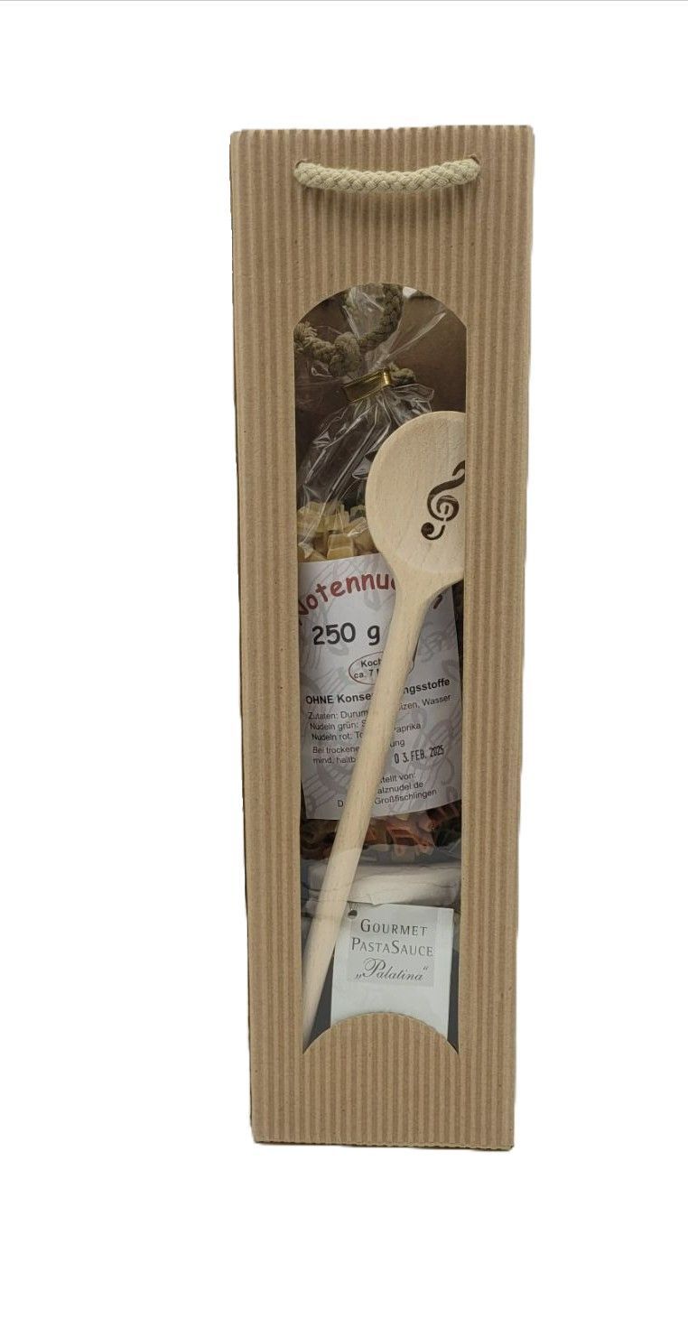 Geschenkset Tasche Kochlöffel Violinschlüssel + Notennudeln + Pastasauce