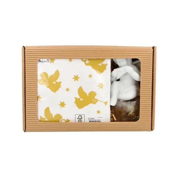 Geschenkset mit Engel Servietten und Teelichtglas Panflöte