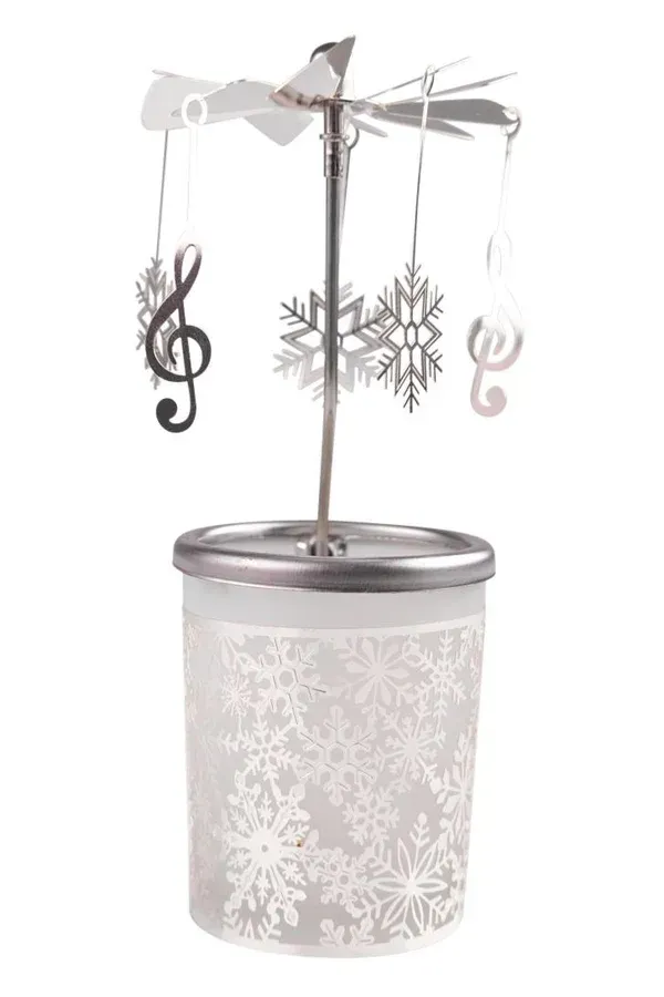 Glas Windlicht mit Karusell + Schneeflocken