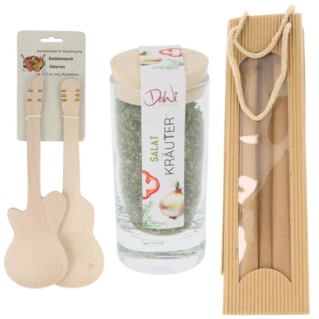 Geschenkset Gitarren-Salatbesteck und Salat-Kräuter-Gewürzmischung in Tragetasche