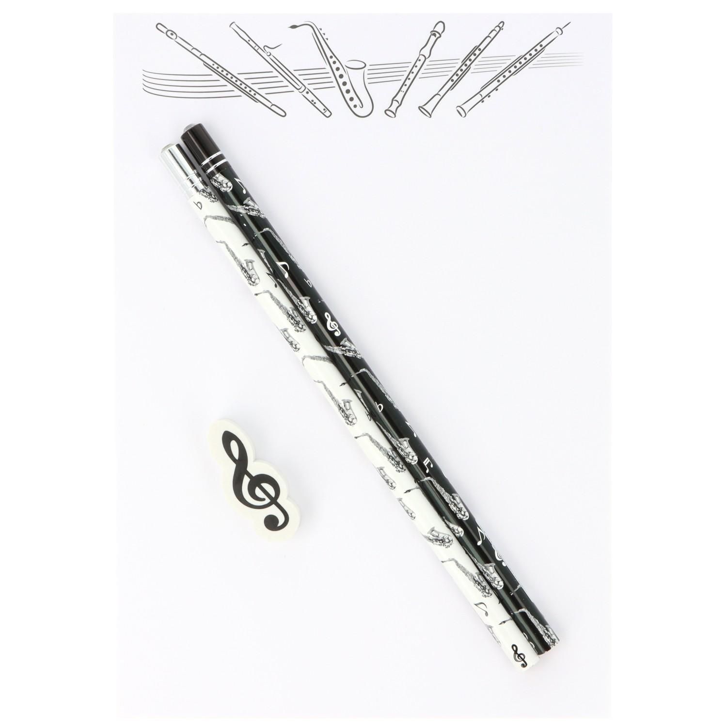 Schreibset mit 2 Bleistift und Radierer saxophon
