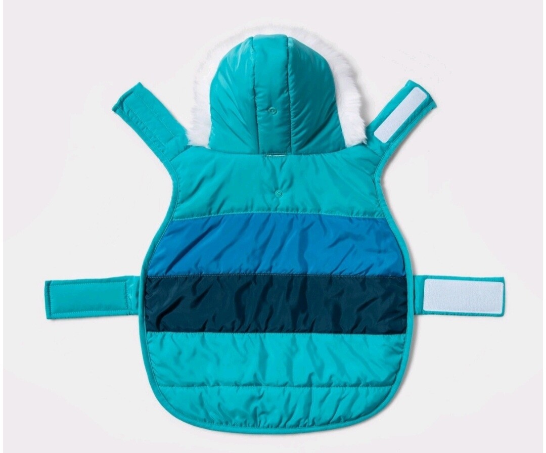 Teal - Puffer Jacket with Fur on Hood - XL