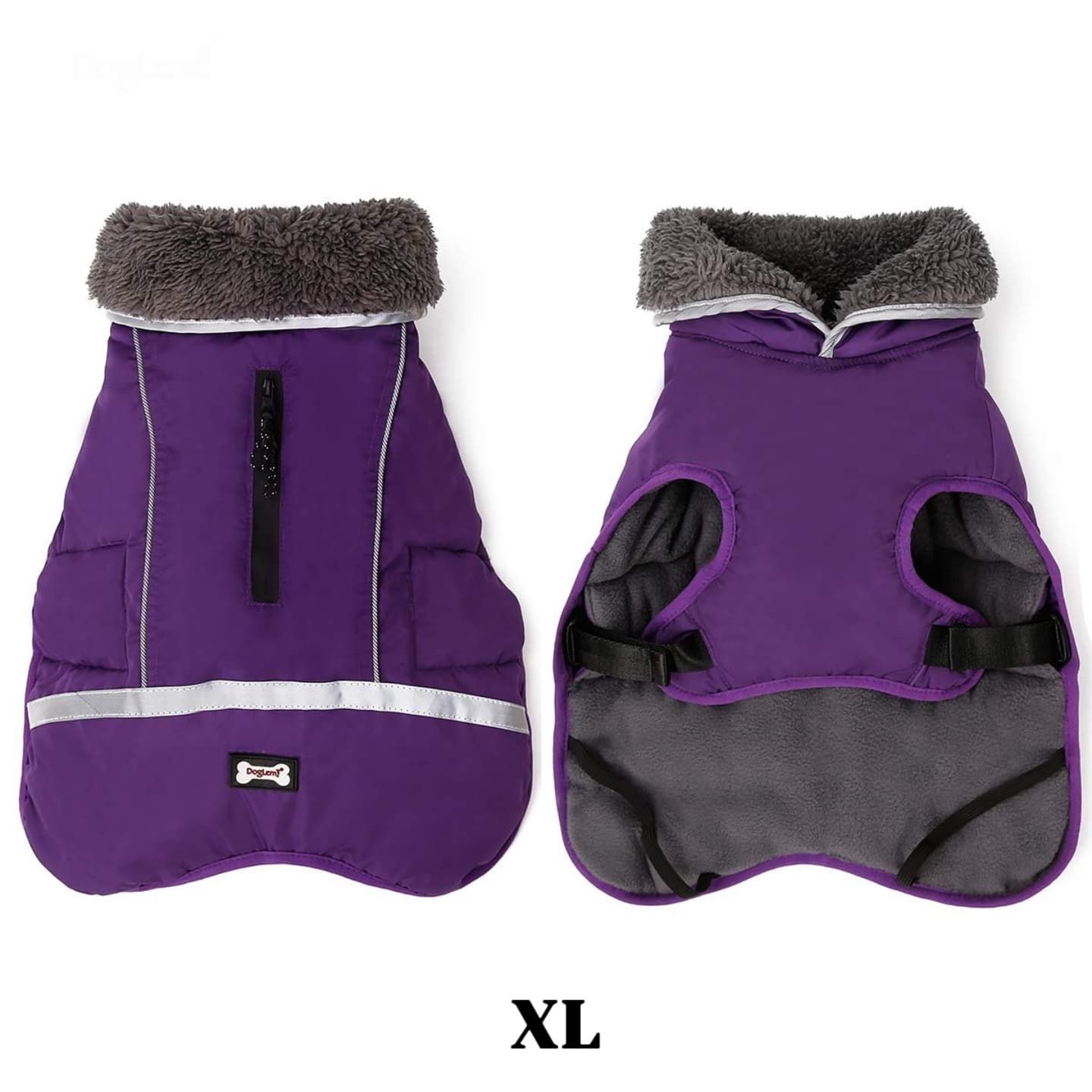Purple Fleece-lined Dog Coat w/ Reflective Trim - XL