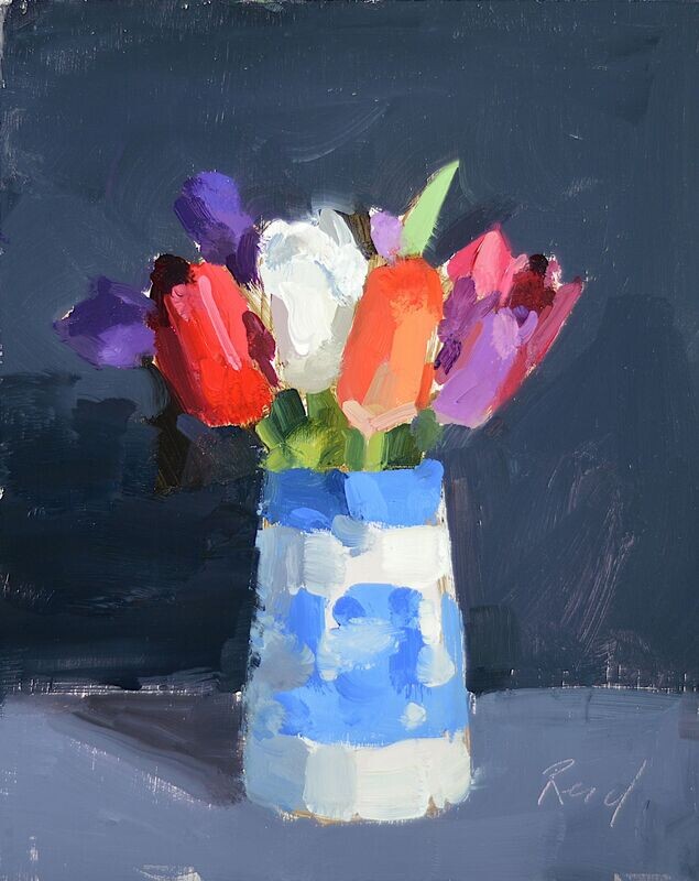 Tulips in a Blue Milk Jug