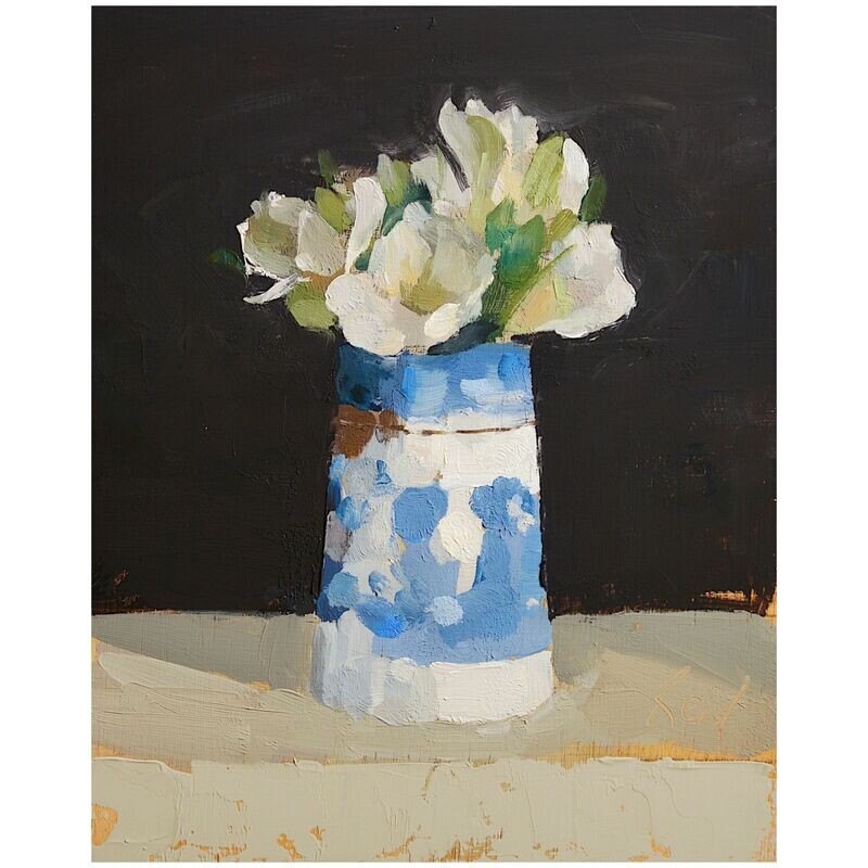 White Alstroemeria in Blue Milk Jug