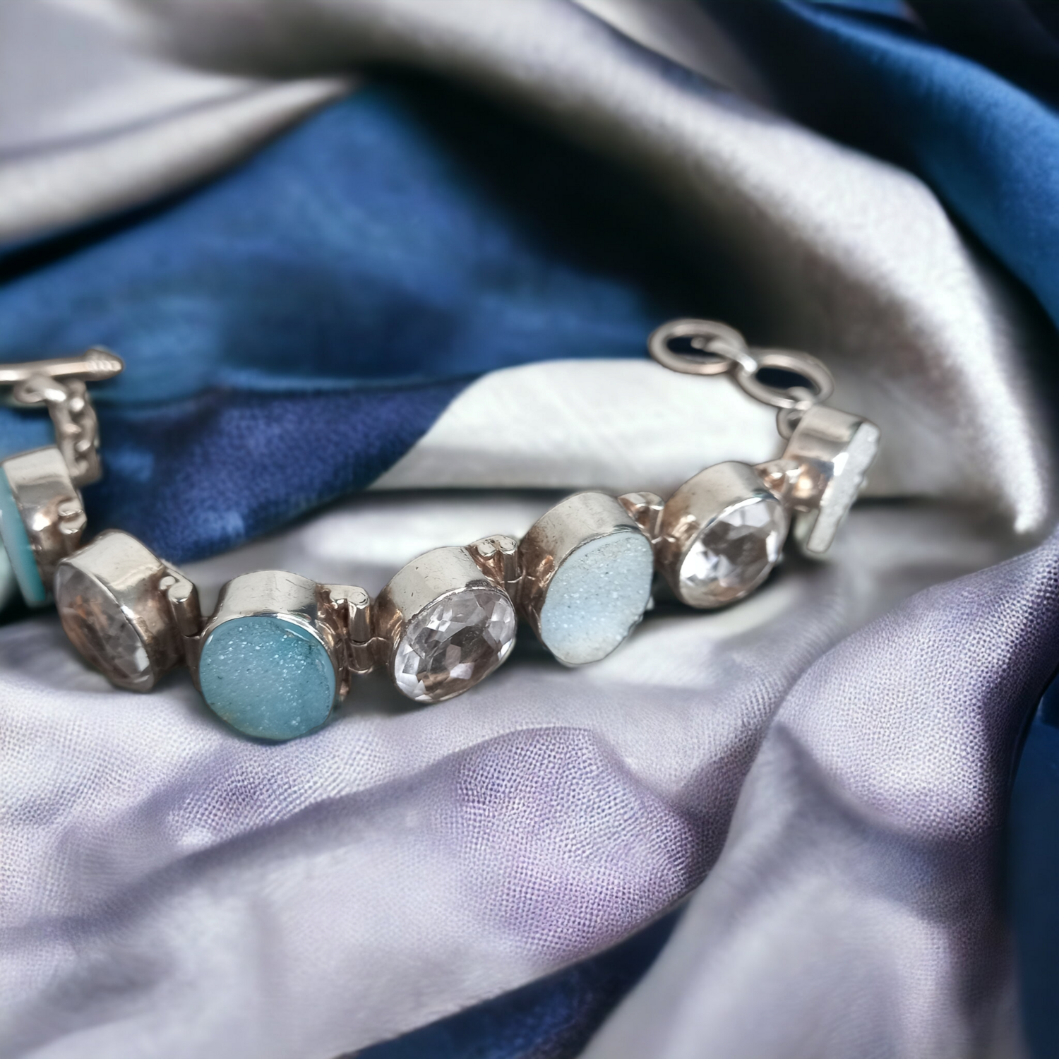 925 S Silver Crystal &amp; Aquamarine Bracelet 