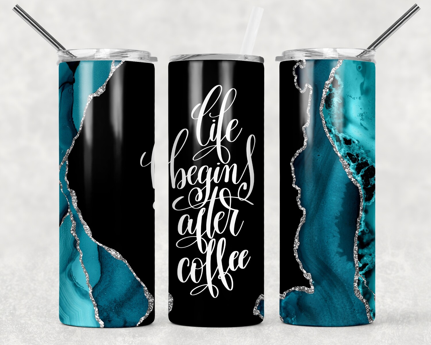 Blue Gold and Black Life Begins After Coffee Agate Galaxy Tumbler