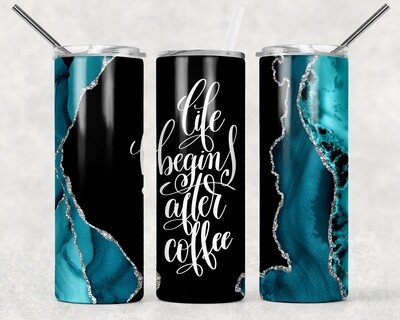 Blue Gold and Black Life Begins After Coffee Agate Galaxy Tumbler