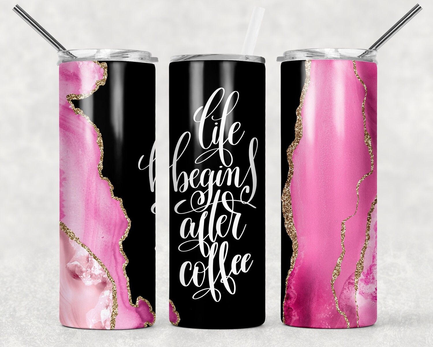 Pink and Black Life Begins After Coffee Agate Galaxy Tumbler