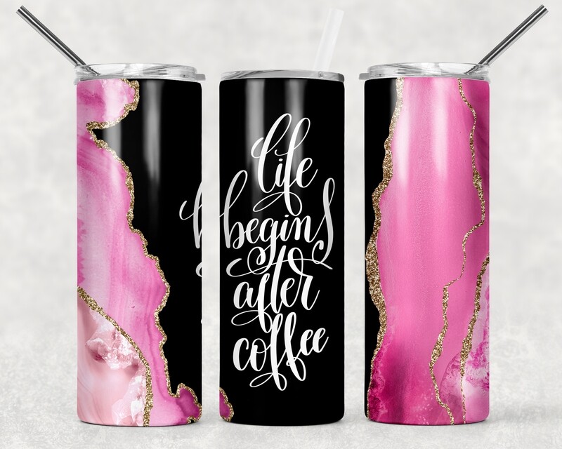 Pink and Black Life Begins After Coffee Agate Galaxy Tumbler
