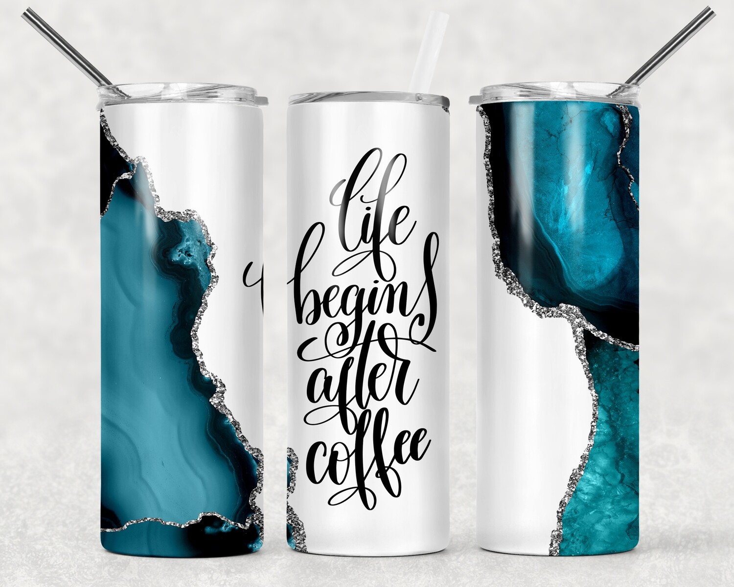 Blue Gold and White Life Begins After Coffee Agate Galaxy Tumbler