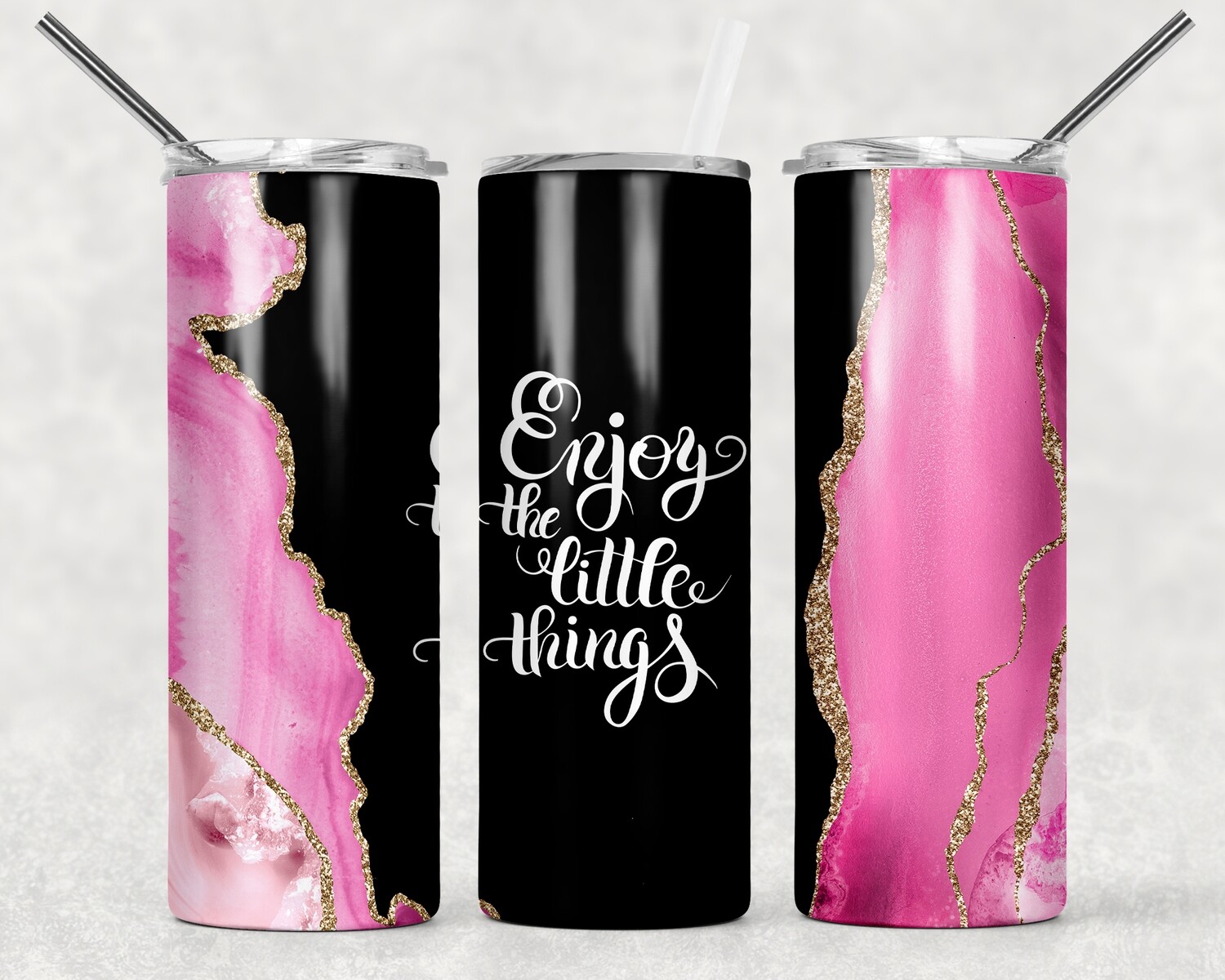 Pink Gold and White Enjoy the Little Things Agate Galaxy Tumbler