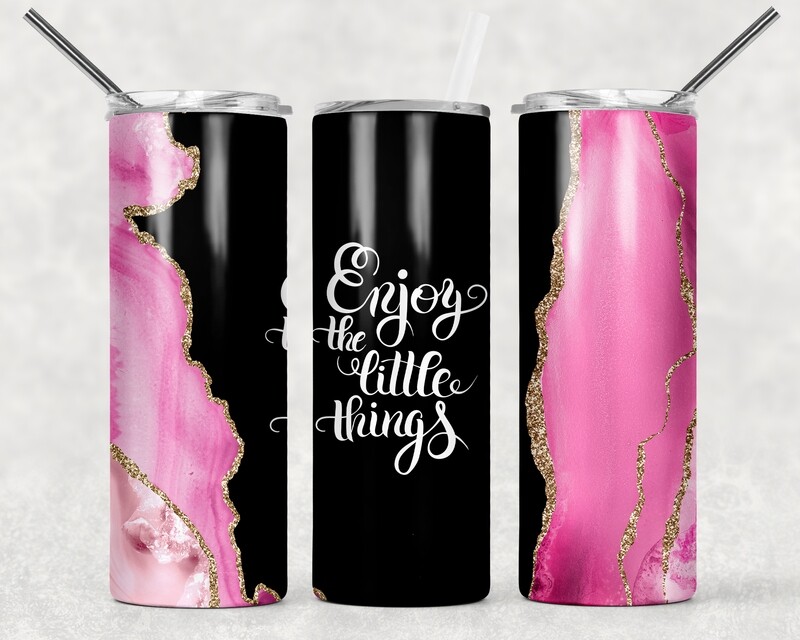 Pink Gold and White Enjoy the Little Things Agate Galaxy Tumbler