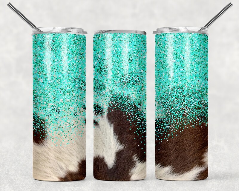 Cowhide Turquoise Aqua Glitter Cowgirl Farm Life Tumbler
