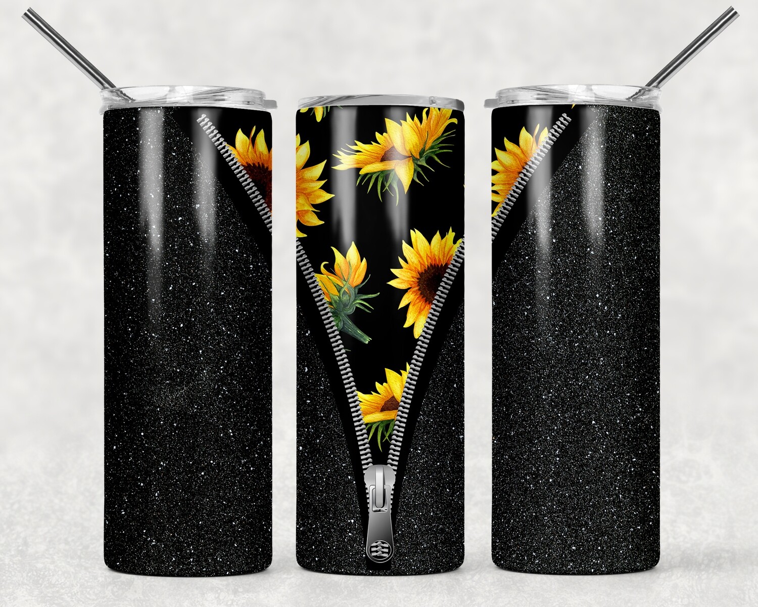 Sunflower Black Glitter Zipper Tumbler