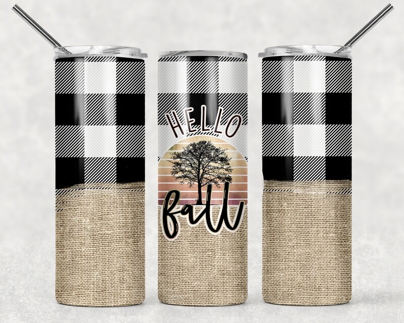 Hello Fall Plaid Burlap Tumbler
