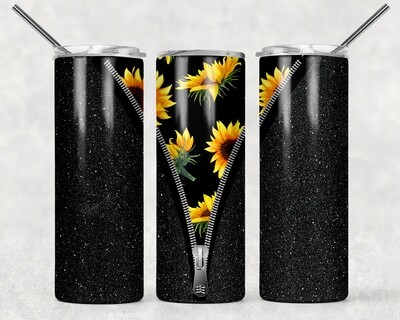 Sunflower Black Glitter Zipper Tumbler