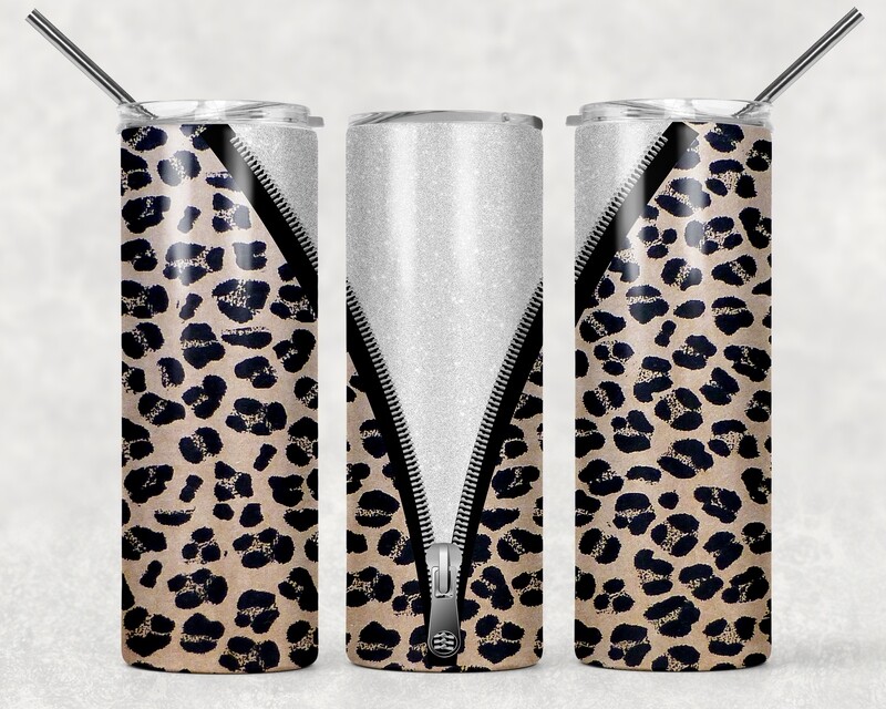 Cheetah Print Leopard Glitter Zipper Tumbler With Your Text