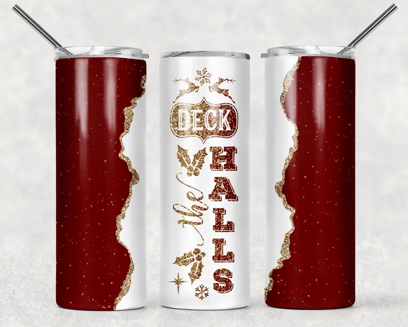 Deck the Halls Red Gold Glitter Christmas Tumbler