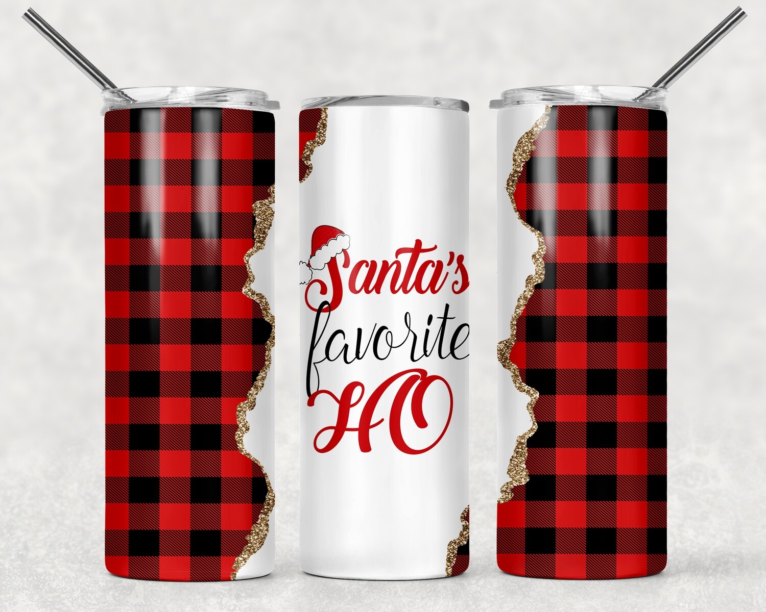 Santa&#39;s Favorite Ho Red Plaid Christmas Tumbler