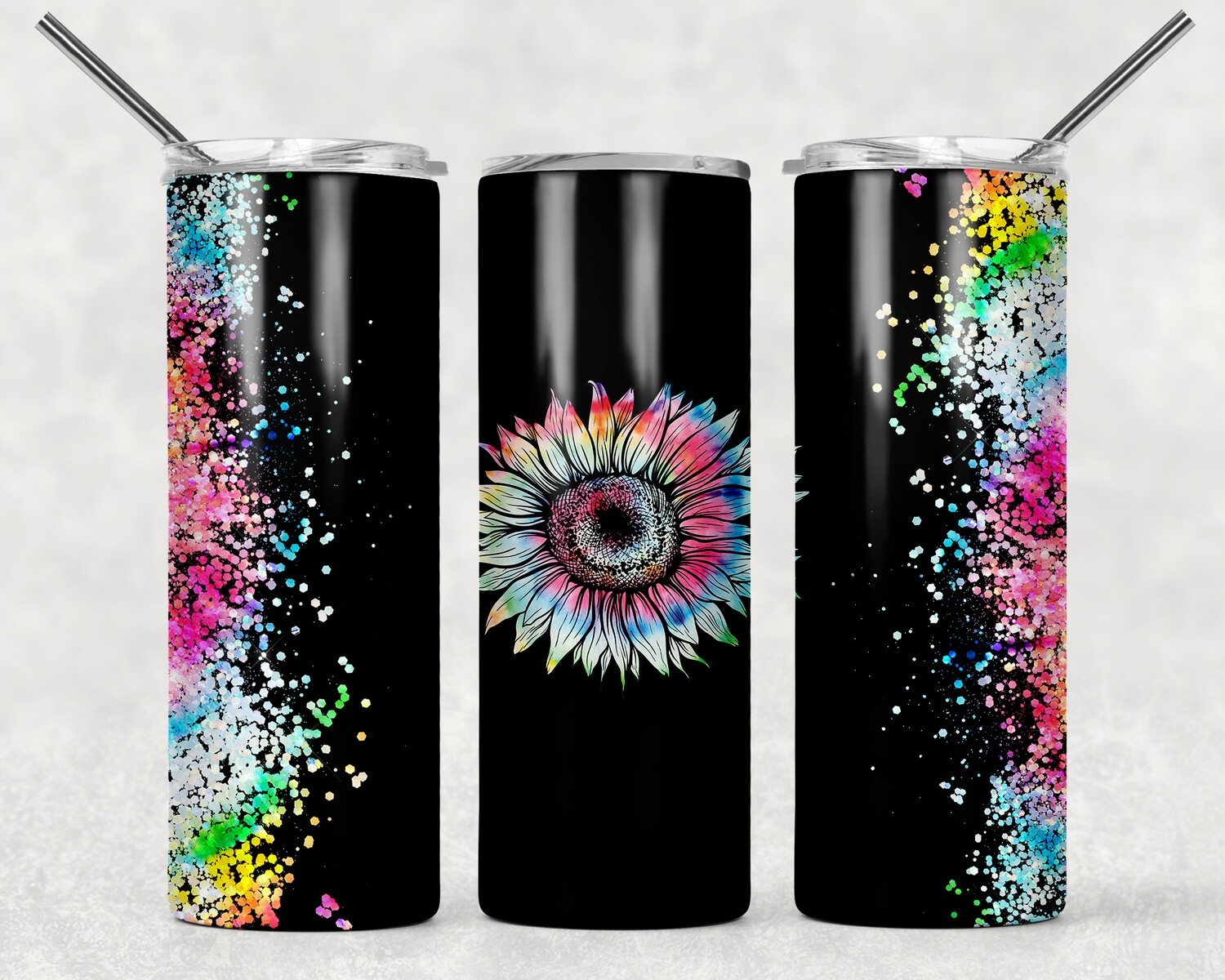 Black Confetti Glitter Sunflower Tumbler