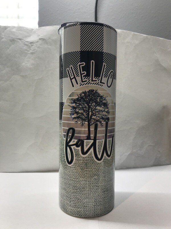 Hello Fall Plaid Burlap Tumbler