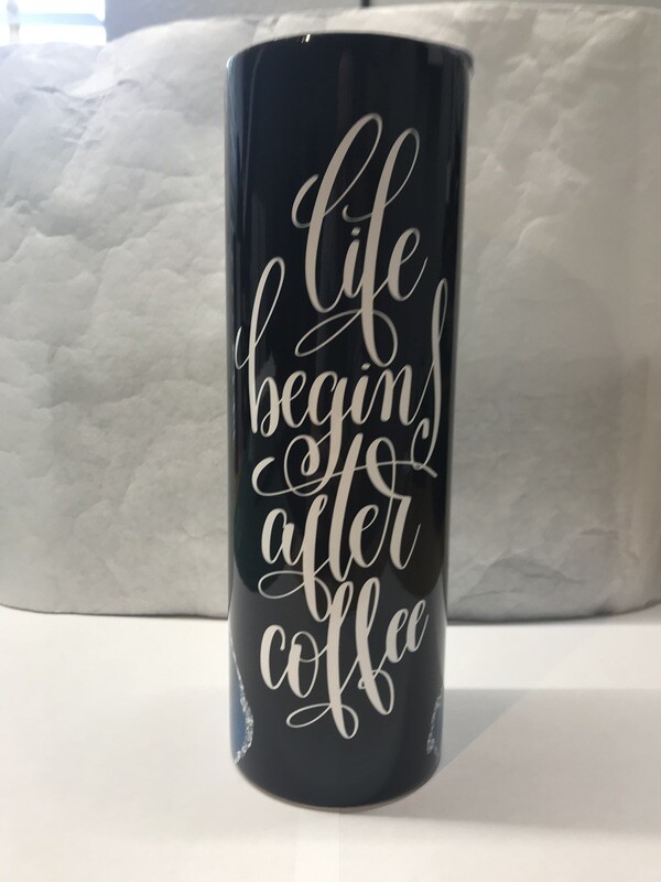 Blue Gold and Black Life Begins After Coffee Agate Galaxy Tumbler