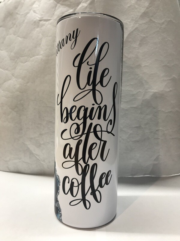 Blue Gold and White Life Begins After Coffee Agate Galaxy Tumbler