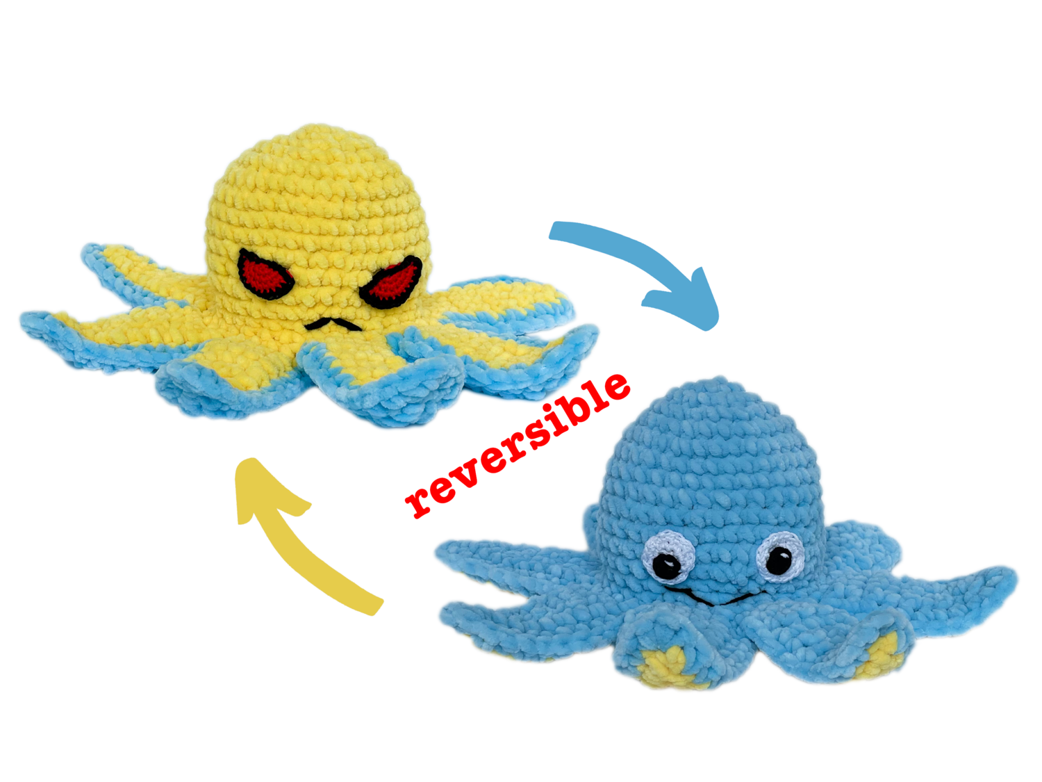 Reversible octopus amigurumi crochet pattern, interactive squid plush toy