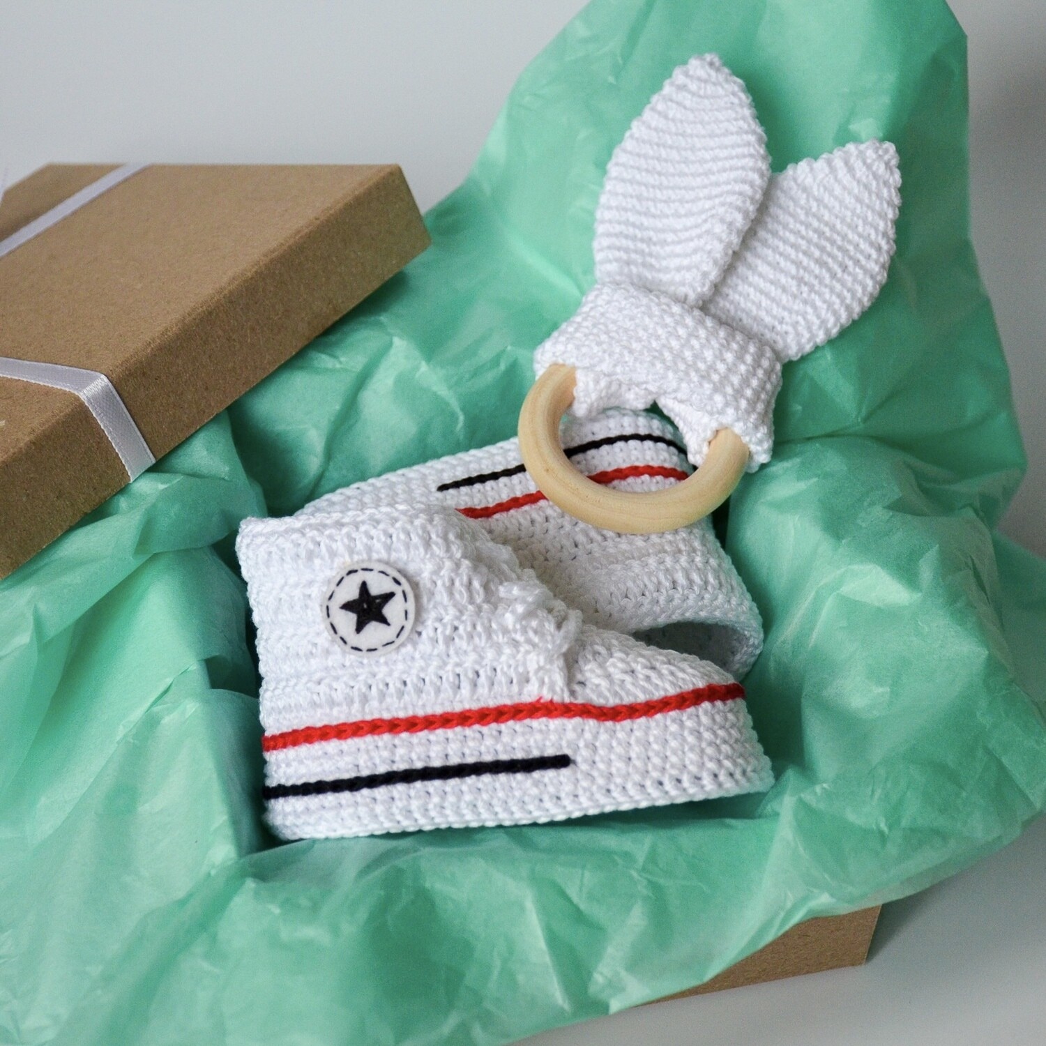 Crochet pattern set: baby shoes & baby teether with bunny ears
