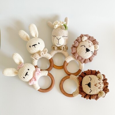 Amigurumi crochet pattern bundle, pack of 3 patterns baby rattle: bunny lion llama baby toy, crochet baby shower gift, DIY pregnancy gift idea