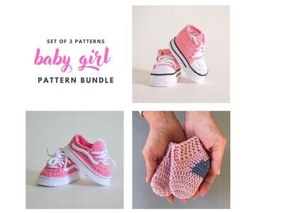Crochet pattern bundle baby girl booties, set of 3 patterns, crochet baby shoes newborn, new baby girl gift idea, cute pink pregnancy gift