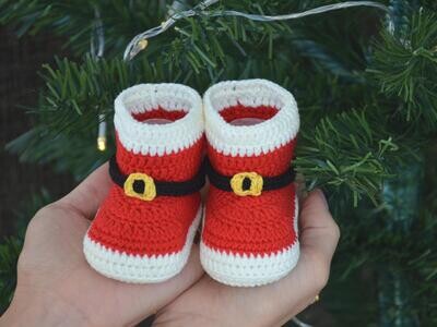Christmas crochet pattern red baby booties, newborn Santa Claus shoes, winter baby shower gift idea