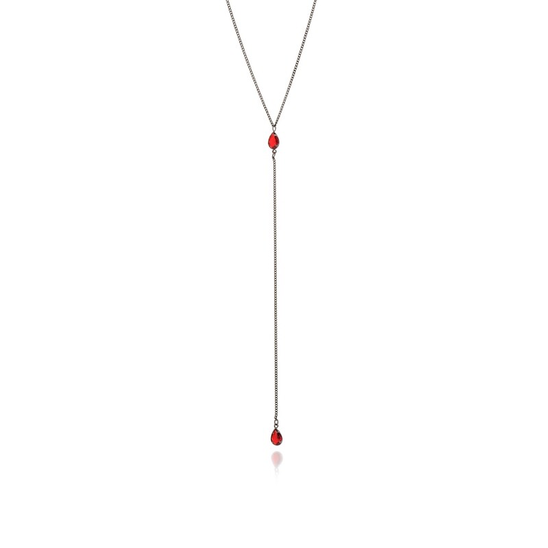 Black rhodium plated tie necklace with red crystal