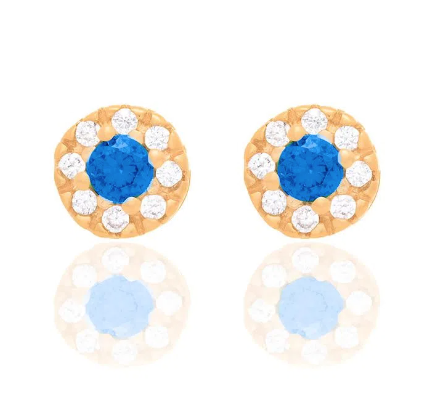 Round gold-plated earring with blue zirconia