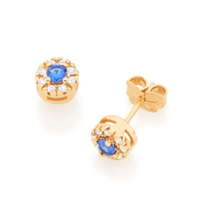 Round gold-plated earring with blue zirconia