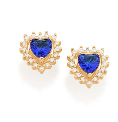 Gold-plated stud earring with heart shaped blue crystal and zirconia
