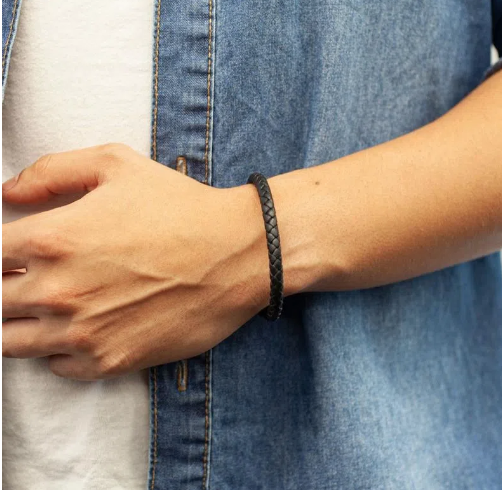 Men's all black leather bracelet