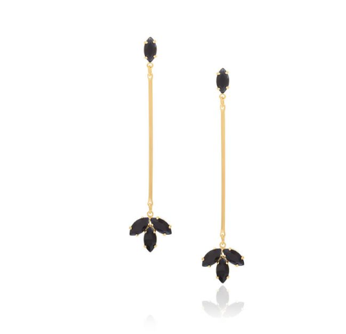 Gold-plated long flower earring with black navette crystals