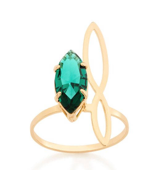 Gold-plated stylish ring with green navette crystal