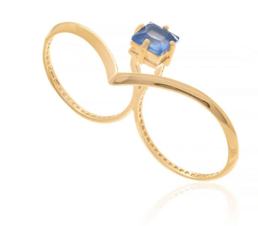 Gold-plated duo ring with squared light blue crystal