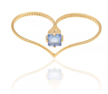Gold-plated duo ring with squared light blue crystal