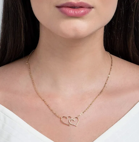 Gold-plated double hearts necklace with zirconia