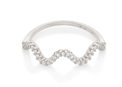 Rhodium plated wave skinny ring with zirconia
