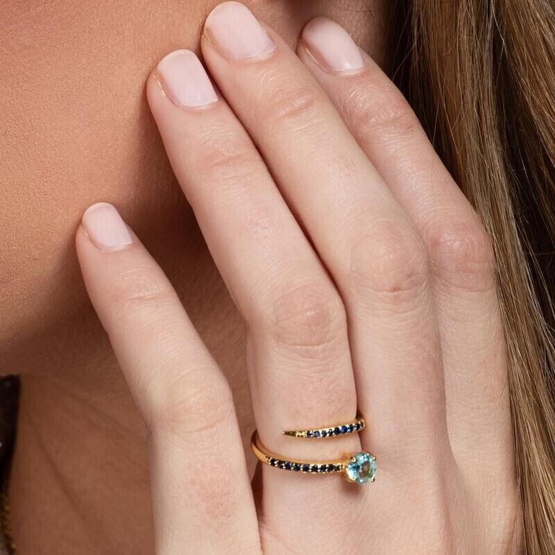 Adjustable gold-plated ring with natural stones in blue tones