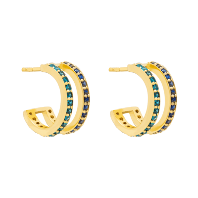 Gold-plated double earrings with blue zirconia